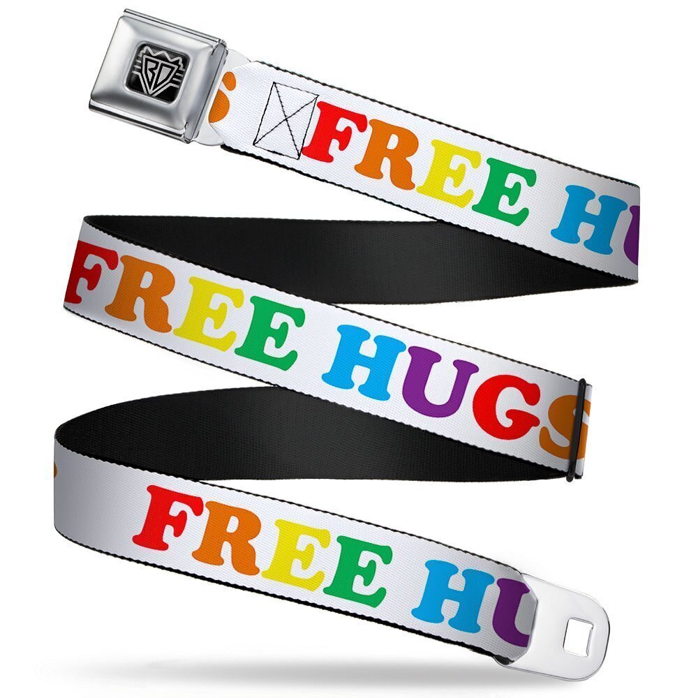 5857 Seatbelt Belt - FREE HUGS White/Multi Color - 1.5" Wide - 24-38 Inches